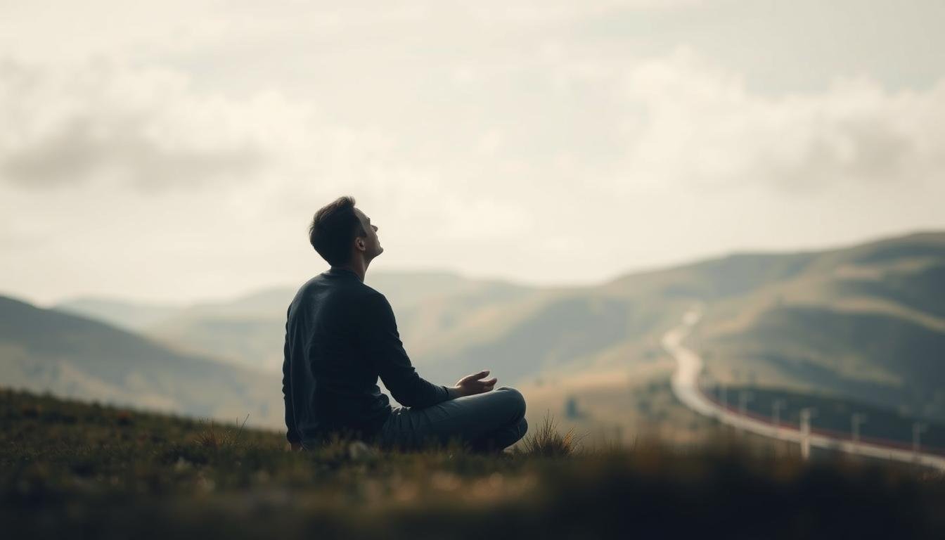 A tranquil study of introspection and determination. In the foreground, a thoughtful figure sits cross-legged, their gaze inward, embodying the power of self-efficacy. The middle ground features a serene landscape, with rolling hills and a winding path, symbolizing the journey of personal growth. Soft, diffused lighting illuminates the scene, creating a contemplative atmosphere. The background is subtly blurred, allowing the viewer's focus to remain on the central figure and their mental fortitude. Wispy clouds drift overhead, suggesting the expansiveness of the mind. This image captures the essence of wisdom forged through grit and self-belief.