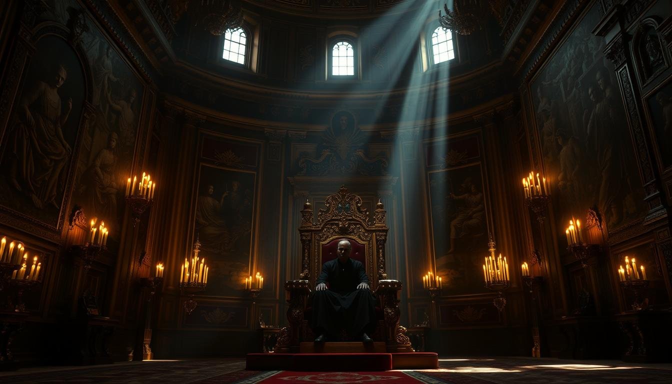A vast, ornate throne room, dimly lit by flickering candles and sconces. The walls are adorned with intricate tapestries and reliefs, depicting scenes of power, dominance and control. In the center, a regal figure sits upon a grand, gilded chair, their face obscured by deep shadows, hinting at the mysteries and complexities of their character. The room exudes an atmosphere of weight and gravitas, with a sense of the interplay between personality and authority. Shafts of light stream through high windows, casting dramatic chiaroscuro effects across the scene. The overall impression is one of the profound intersection between the inner self and the outward projection of power.