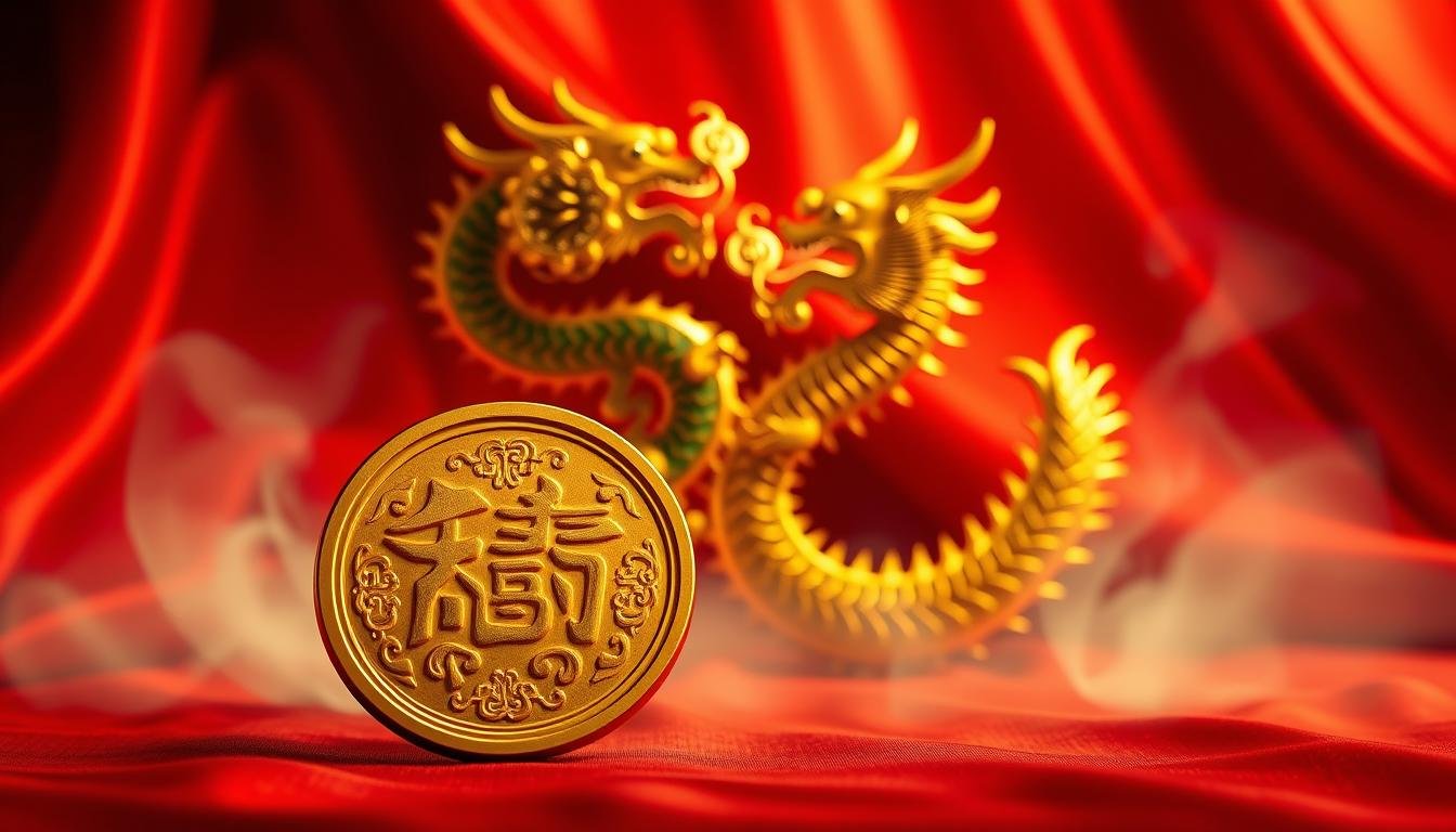 A vibrant and auspicious image depicting the symbol of financial prosperity and abundance. In the foreground, a golden Chinese coin or "Feng Shui Wealth Ingot" with intricate calligraphic patterns, casting a warm, radiant glow. In the middle ground, a pair of intertwined Chinese dragons, representing good fortune and success, rendered in luxurious gold and emerald hues. The background features a rich, red satin-like texture, evoking the prosperity and luck associated with the Chinese culture. The lighting is soft and dramatic, creating a sense of mystique and grandeur. The overall composition is balanced and harmonious, exuding an air of wealth, success, and spiritual wellness.
