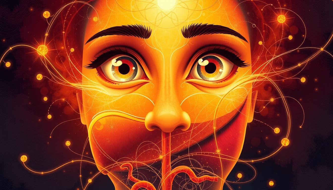 A vibrant and intricate digital illustration showcasing the intricate connection between large, expressive eyes and a healthy liver and gallbladder. The central focal point is a pair of strikingly large, soulful eyes that convey a sense of vitality and wellbeing. Surrounding the eyes are delicate, ethereal wisps of energy that radiate outward, intertwining with stylized depictions of the liver and gallbladder organs. The composition is bathed in a warm, golden glow that emanates a sense of harmony and balance. Subtle abstract patterns and textures in the background add depth and complexity, while the overall aesthetic strikes a balance between the realistic and the fantastical.