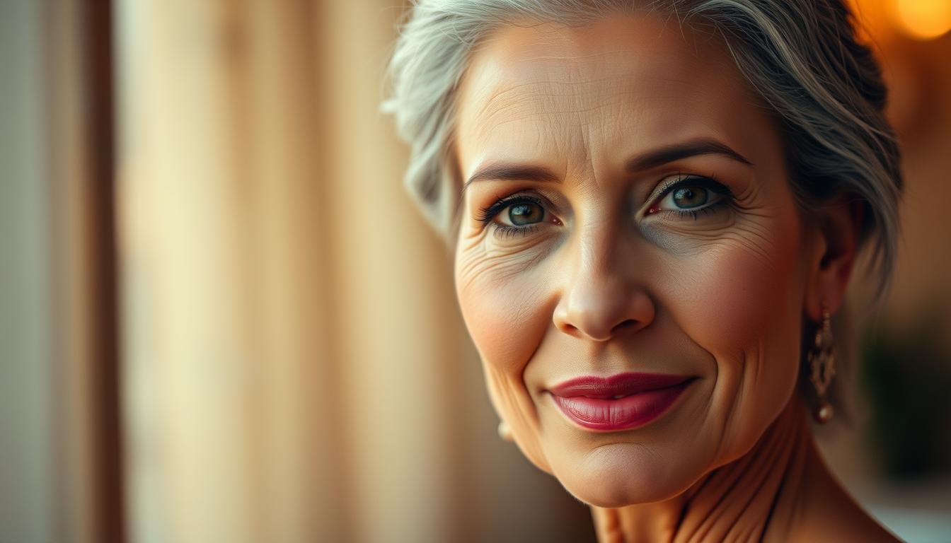 A vibrant, beautifully lit portrait of a serene, graceful woman with an elegant, rounded face and a strong, sculpted jawline. Soft, diffused lighting illuminates her features, highlighting her smooth, porcelain-like complexion and subtly defined cheekbones. The composition places her in the foreground, with a blurred, ethereal background that evokes a sense of timeless tranquility. The woman's expression exudes an aura of inner peace and wisdom, hinting at the blessings and fulfillment that await her in the later years of her life.