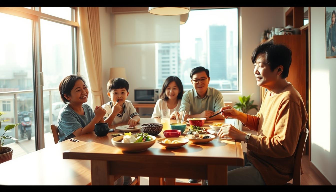 A vibrant scene of modern Taiwanese life, bathed in warm, natural lighting. In the foreground, a family gathers around a dining table, enjoying a simple yet nourishing meal, symbolizing the harmony and balance within their daily routine. The middle ground showcases a well-organized home, with subtle traditional elements blending seamlessly with contemporary furnishings, reflecting a thoughtful approach to living. In the background, a window offers a glimpse of the bustling city streets outside, hinting at the dynamic interplay between the introspective and the outward-looking aspects of Taiwanese culture. The overall atmosphere exudes a sense of grounded contentment, a celebration of the profound wisdom found in the everyday. A vibrant scene of modern Taiwanese life, bathed in warm, natural lighting. In the foreground, a family gathers around a dining table, enjoying a simple yet nourishing meal, symbolizing the harmony and balance within their daily routine. The middle ground showcases a well-organized home, with subtle traditional elements blending seamlessly with contemporary furnishings, reflecting a thoughtful approach to living. In the background, a window offers a glimpse of the bustling city streets outside, hinting at the dynamic interplay between the introspective and the outward-looking aspects of Taiwanese culture. The overall atmosphere exudes a sense of grounded contentment, a celebration of the profound wisdom found in the everyday.