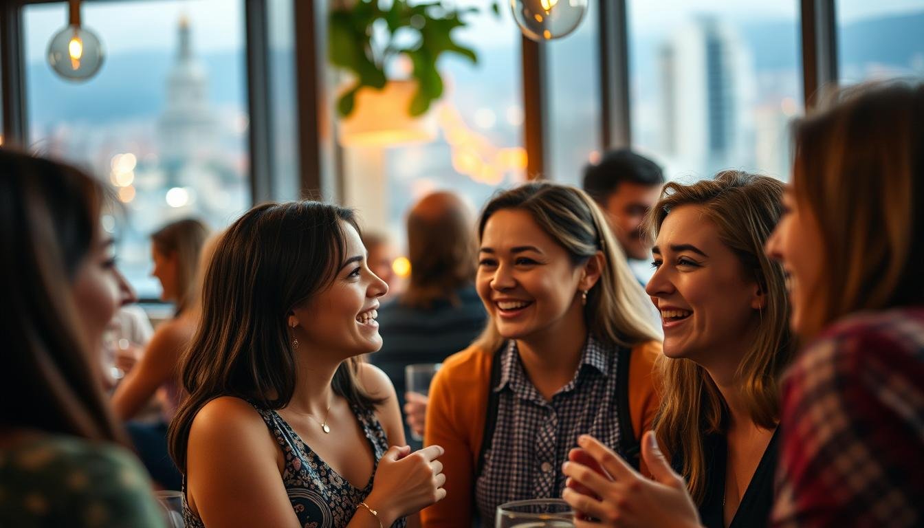 A vibrant social gathering, with a warm and inviting atmosphere. In the foreground, a group of people engaged in lively conversation, their faces alight with genuine interest and warmth. Their expressions convey a sense of ease and connection, highlighting the depth of their interpersonal bonds. In the middle ground, the setting is a cozy cafe or lounge, with comfortable seating and soft lighting that casts a flattering glow on the subjects. The background features a blurred, but still captivating, urban landscape, hinting at the broader social context. The overall mood is one of genuine, effortless sociability, reflecting the inherent social skills and interpersonal magnetism of the individuals portrayed.