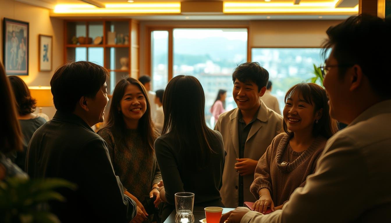 A warm and inviting scene showcasing the essence of "人際親和". In the foreground, a group of people engaged in lively conversation, their faces lit by a soft, natural light that accentuates their friendly expressions and body language. The middle ground features a cozy, indoor setting, with comfortable furnishings and subtle decor that creates a welcoming atmosphere. In the background, glimpses of a vibrant, urban landscape suggest a bustling city, yet the focus remains on the interpersonal connections and harmonious interactions unfolding in the central space. The overall mood is one of genuine rapport, empathy, and a shared sense of belonging, capturing the essence of "性格與人際：樂觀、愛心與人緣如何被看見".