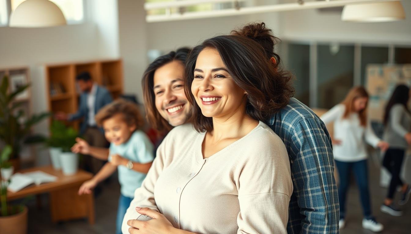 A warm, family-centric scene depicting the interplay between marriage, family, and career. In the foreground, a loving couple embraces, their faces radiating joy and contentment. In the middle ground, their children play joyfully, representing the core of the family unit. In the background, a bustling office setting, hinting at the professional realm and the balance sought between work and home life. Soft, natural lighting bathes the scene, creating an atmosphere of harmony and balance. The composition is balanced, with the family at the heart, surrounded by the ebb and flow of daily life. The overall mood is one of contentment, reflection, and the interconnectedness of the different spheres of existence.