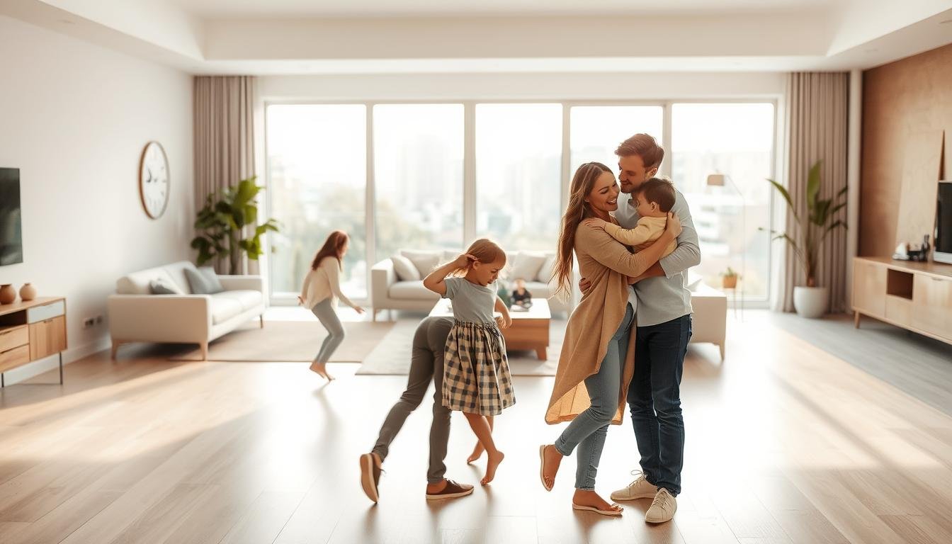 A warm, inviting family home set in a modern, minimalist style. In the foreground, a loving couple embraces, surrounded by their children playing happily. The middle ground features a spacious, open-concept living area with sleek, contemporary furnishings. Soft, natural lighting filters through large windows, creating a serene atmosphere. In the background, a subtle blend of urban and natural elements symbolizes the balance between tradition and modernity. The overall composition conveys a sense of harmony, togetherness, and the evolving values of the modern family.