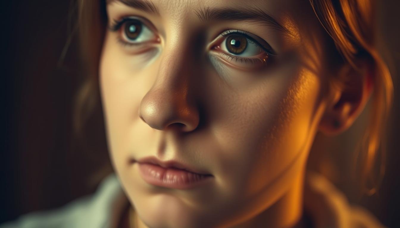A warm, soft-focused portrait depicting a person's face in a thoughtful, contemplative state. The subject has a distinct, slightly upturned nose resembling a garlic clove, known as a "garlic head" in physiognomy. Their expression conveys a pensive, introspective mood, hinting at the subject's inner emotional landscape and its connection to their unique facial features. The lighting is gentle, creating an intimate, serene atmosphere that emphasizes the delicate features and subtle emotions. The background is slightly blurred, placing the focus entirely on the subject's face and allowing their physiognomy to take center stage.