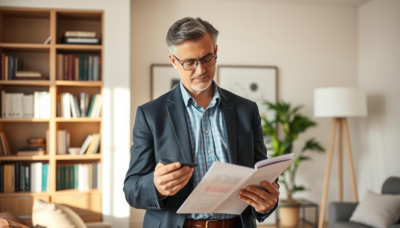 A well-dressed, middle-aged individual standing in a comfortable, well-lit living room, their expression contemplative as they hold a ledger, carefully reviewing their financial records. In the background, a bookshelf filled with financial literature and a minimalist, modern decor that conveys a sense of measured affluence. The scene is bathed in warm, natural lighting, creating a serene and introspective atmosphere that reflects the individual's disciplined approach to their wealth management.