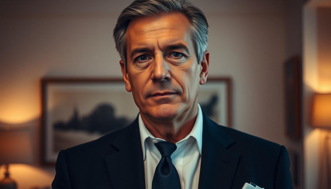 A well-dressed, middle-aged man with a refined, angular jawline stands in a warm, softly lit room. His expression is one of quiet confidence, his gaze focused and determined. The background features subtle, elegant furnishings, suggesting an atmosphere of affluence and success. Soft shadows and highlights accentuate the man's features, creating a sense of depth and dimension. The overall scene conveys a sense of prosperity, influence, and the presence of a guiding, mentorial figure - a "Tastemaker" whose wisdom and connections can open doors and elevate one's career and financial standing.