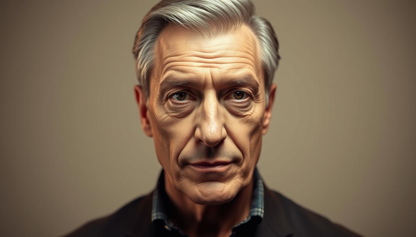 A well-lit, detailed portrait of a middle-aged man with a prominent, high-bridged nose, strong jawline, and deep-set eyes conveying a sense of confidence and authority. Set against a neutral background with subtle gradients of color, the subject is posed facing slightly to the side, emphasizing the distinct features of his facial structure. The lighting is warm and directional, casting dramatic shadows that accentuate the chiseled contours of his face. The overall atmosphere evokes a sense of self-assurance, ambition, and a commanding presence, reflecting the contrasting fortunes suggested by the varying nose bridge shapes.