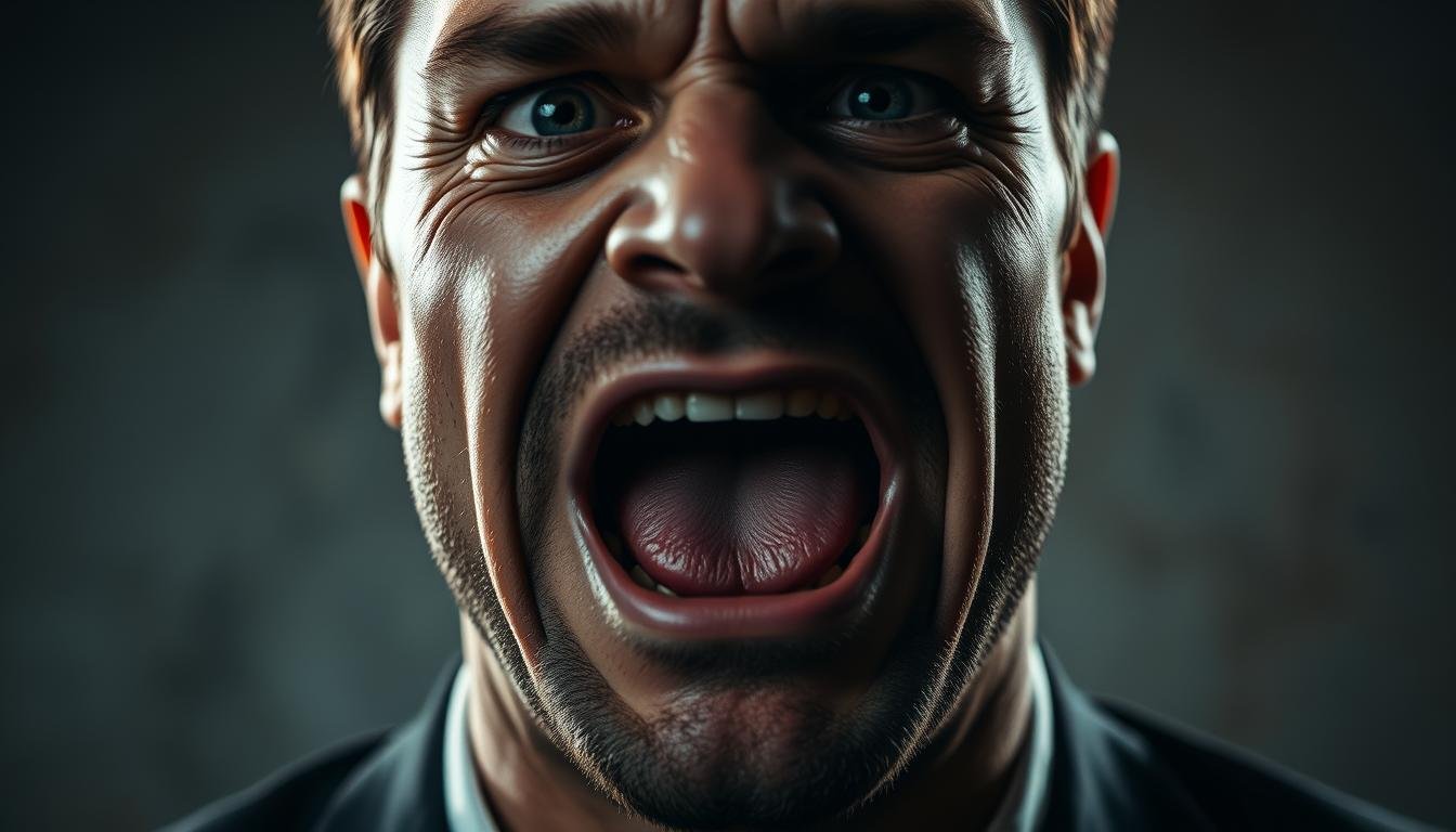 A wide, expressive mouth with pronounced features, captured in an artful portrait. The subject's face is framed by dramatic lighting, casting deep shadows that highlight the distinctive mouth shape. The background is softly blurred, keeping the focus on the powerful, masculine visage. Subtle textures and muted colors create an air of sophistication, while the slightly turned head and piercing gaze convey a sense of introspection and depth of character. This striking image embodies the essence of the "wide-mouthed" male physiognomy and its associated personality traits.