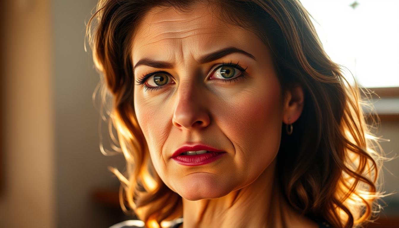 A woman with a broad, square forehead stands confidently, her gaze steady and unwavering. Warm sunlight filters through a window, casting a soft glow on her features. Her expression is resolute, her jaw set with determination. She exudes an aura of strength and resilience, her posture and bearing conveying a sense of inner power. The scene is captured with a medium-wide angle lens, emphasizing her commanding presence. The background is subtly blurred, keeping the focus on the woman's face and the telling details of her physiognomy.