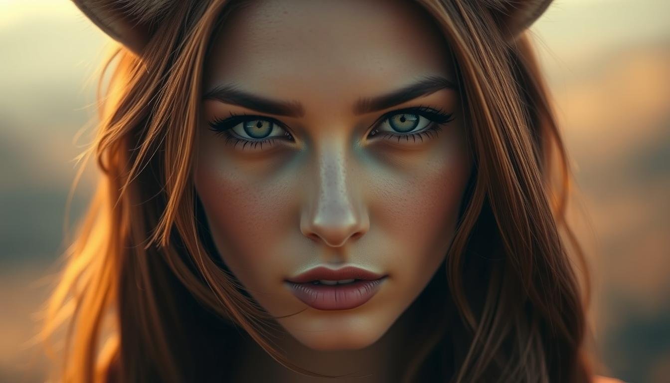 A woman with captivating fox-like features stands centered, her gaze transfixing. Delicate bone structure and slanted eyes hint at a mysterious, alluring nature. Silky auburn hair frames her face, subtly reflecting the warm lighting. The background blurs into a dreamlike, ethereal landscape, adding to the sense of intrigue and otherworldliness. Soft shadows contour her features, emphasizing the feline quality of her expression. An air of subtle confidence and seductive charm permeates the scene, inviting the viewer to ponder the depths of her captivating personality. A woman with captivating fox-like features stands centered, her gaze transfixing. Delicate bone structure and slanted eyes hint at a mysterious, alluring nature. Silky auburn hair frames her face, subtly reflecting the warm lighting. The background blurs into a dreamlike, ethereal landscape, adding to the sense of intrigue and otherworldliness. Soft shadows contour her features, emphasizing the feline quality of her expression. An air of subtle confidence and seductive charm permeates the scene, inviting the viewer to ponder the depths of her captivating personality.