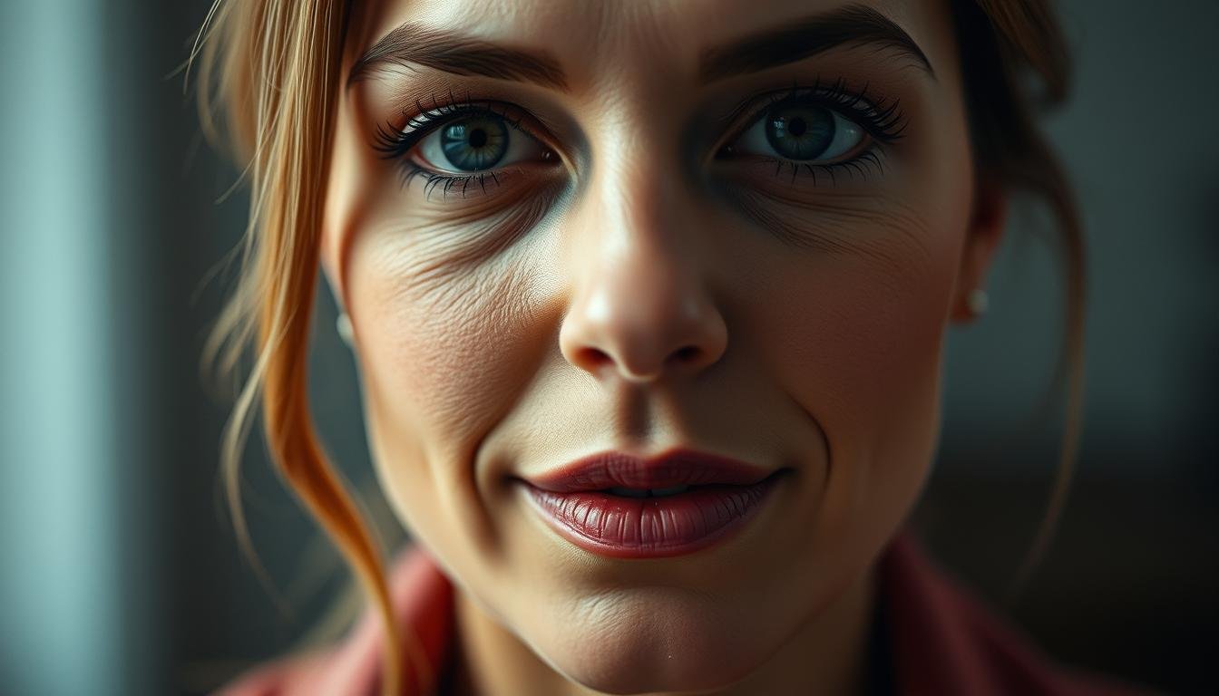 A woman's close-up portrait, showcasing her delicate facial features and captivating gaze. The lighting is soft and diffused, creating a warm, introspective atmosphere. The focus is on the woman's subtly-defined nasolabial folds, known as "laugh lines" or "marionette lines," which elegantly frame her expressive mouth. The lines convey a sense of experience, wisdom, and a lifetime of emotions. The background is blurred, allowing the viewer to concentrate on the nuanced details of the woman's face and her unique perspective. The overall mood is one of quiet contemplation, hinting at the complex interplay between career and family life.