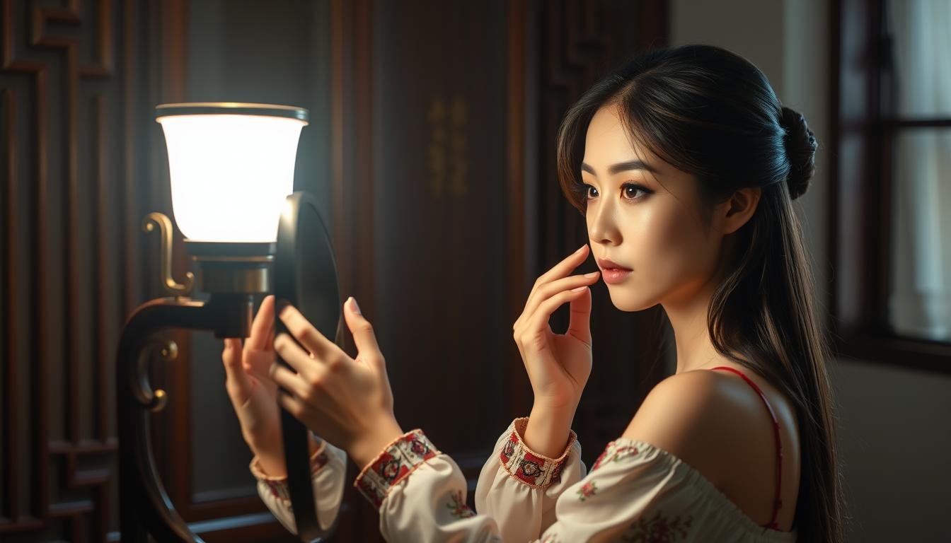 A young woman stands in front of a traditional Chinese-style dressing table, her face illuminated by the warm glow of a single lamp. She gazes intently into the mirror, studying her features and applying subtle makeup with a careful, deliberate touch. The background is softly blurred, creating a sense of intimacy and focus on the central subject. Soft natural light filters in from an unseen window, casting gentle shadows and highlighting the intricate details of the dressing table's ornate design. The overall mood is one of thoughtful self-reflection, as the woman takes time to carefully examine her appearance and prepare for the day ahead.