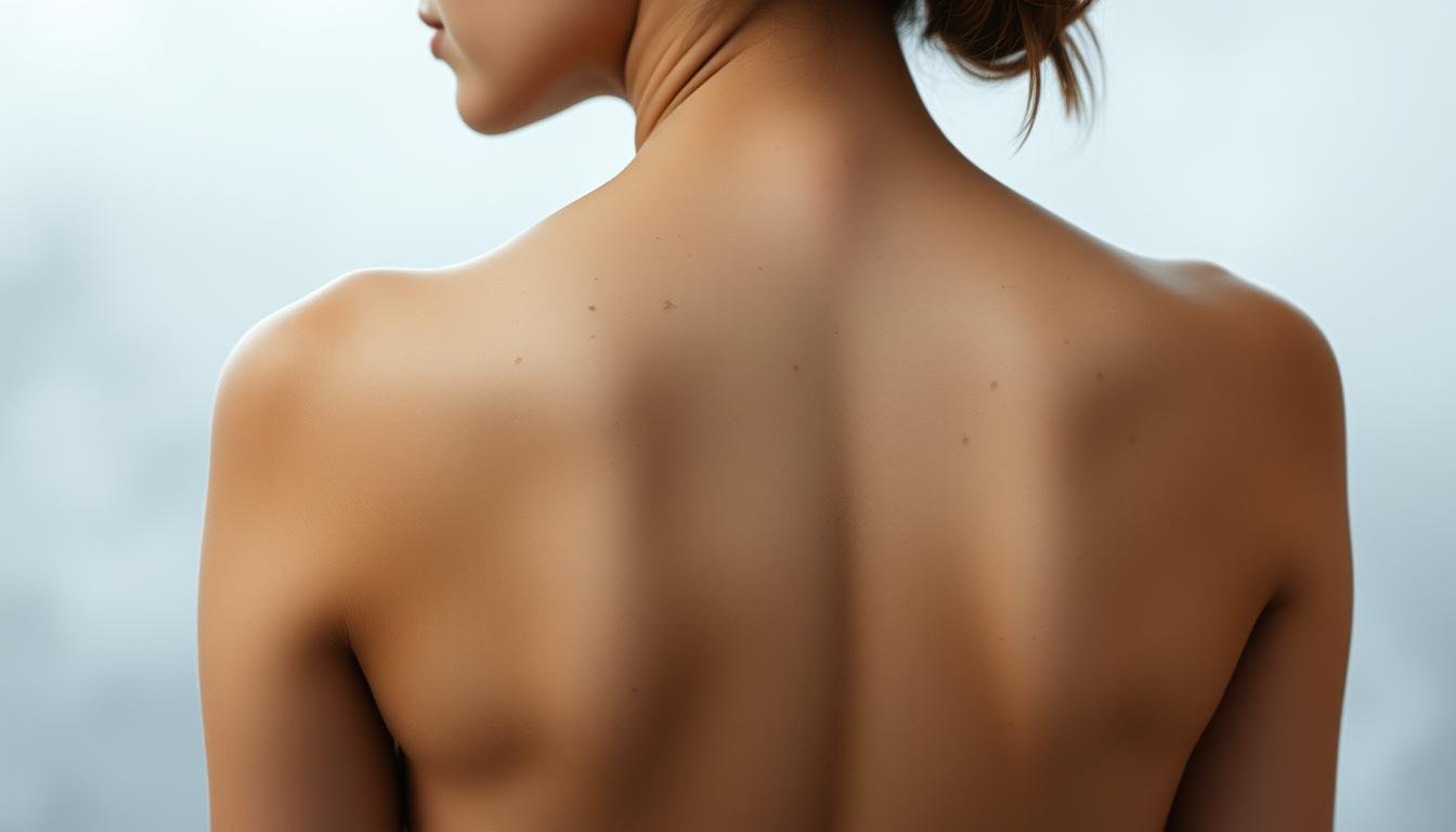 A youthful female figure stands in a serene, softly lit studio setting. Her smooth, subtly toned skin is adorned with mole-like birthmarks across her upper back, shoulders, and chest, each a unique and distinct feature. The lighting gently accentuates the contours of her form, creating a sense of depth and dimension. Her pose is relaxed yet intentional, conveying an aura of inner strength and self-assurance. The background is hazy and atmospheric, allowing the subject to take center stage and command the viewer's attention. The overall impression is one of quiet elegance and a connection to the subject's deeper, intrinsic qualities.