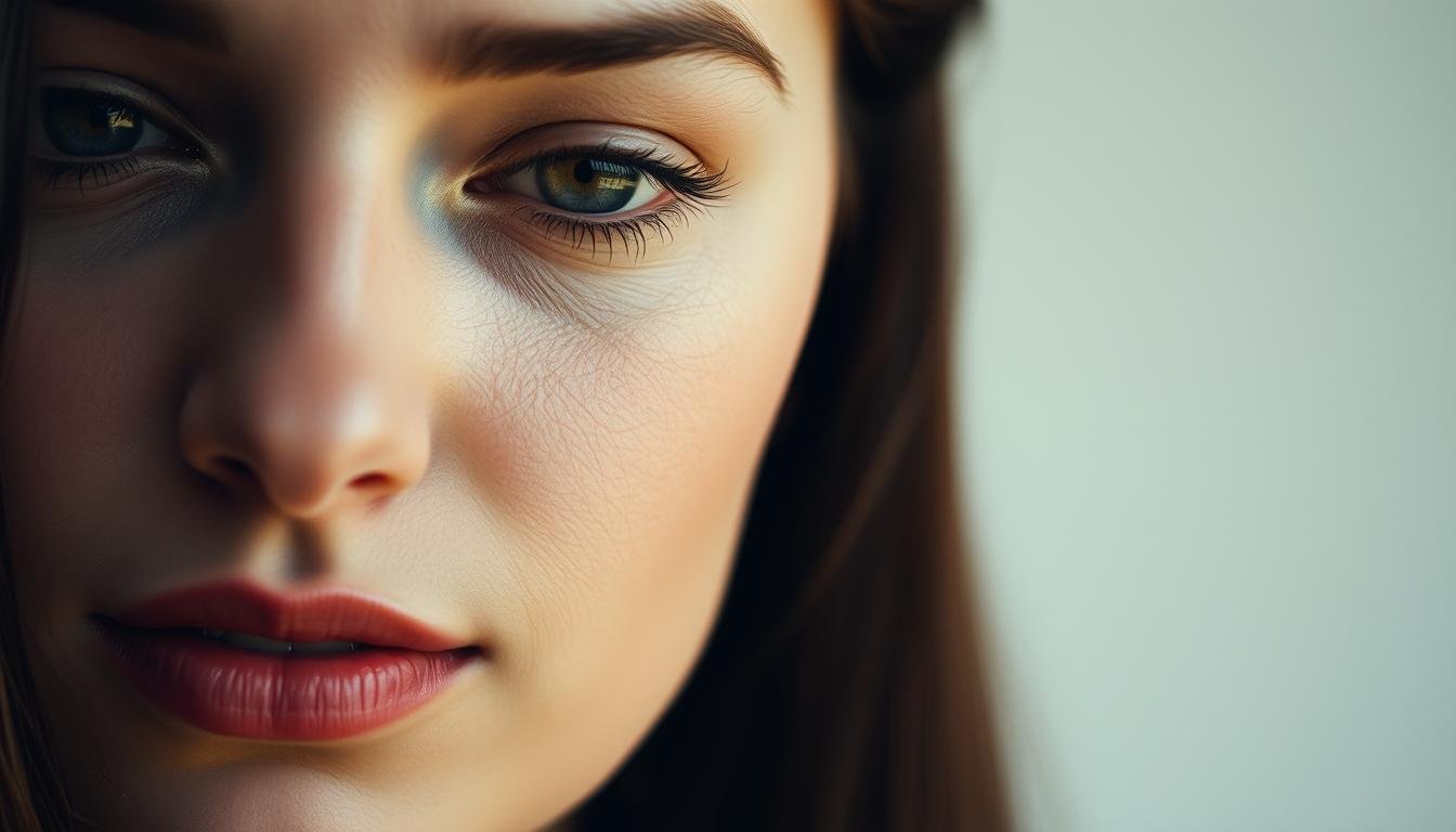 An elegant portrait featuring a close-up view of a woman's face, highlighting the intricate details of her facial features. The focus is on the delicate placement of a small mole near the corner of her lips, as well as the subtle yet captivating mole on the bridge of her nose. The lighting is soft and diffused, creating a warm, contemplative atmosphere that emphasizes the subject's pensive expression. The background is minimalist, drawing the viewer's attention to the subject's face and the symbolic significance of the moles. The composition is carefully balanced, with the subject's features occupying the central and most prominent position within the frame. An elegant portrait featuring a close-up view of a woman's face, highlighting the intricate details of her facial features. The focus is on the delicate placement of a small mole near the corner of her lips, as well as the subtle yet captivating mole on the bridge of her nose. The lighting is soft and diffused, creating a warm, contemplative atmosphere that emphasizes the subject's pensive expression. The background is minimalist, drawing the viewer's attention to the subject's face and the symbolic significance of the moles. The composition is carefully balanced, with the subject's features occupying the central and most prominent position within the frame.
