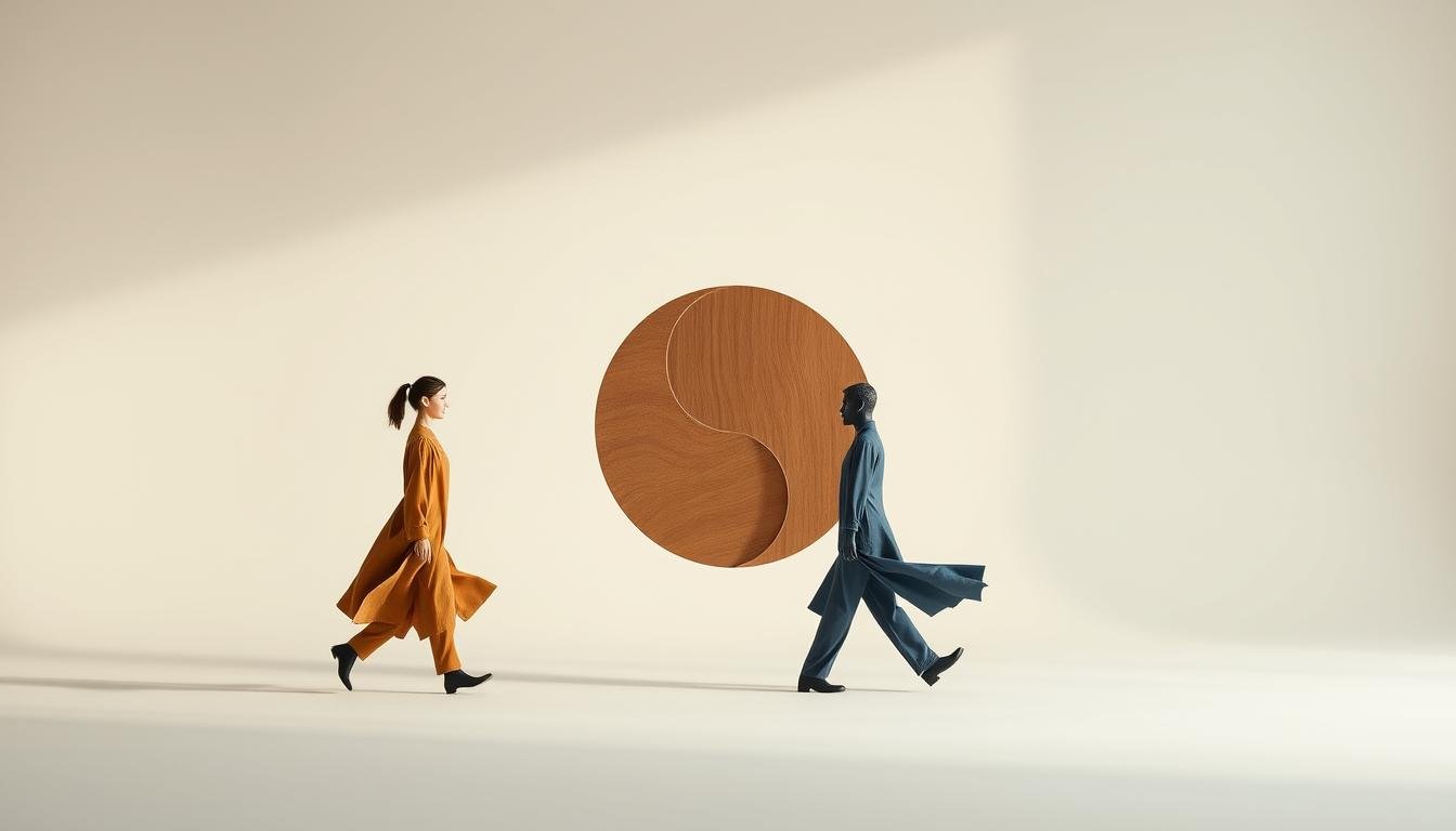 An elegantly composed scene depicting the contrasting personalities and behavioral tendencies of the "Jia" and "Yi" wood types. Set against a serene, minimalist backdrop, the image showcases a tranquil yin-yang symbol, with two figures representing the wood types moving in opposing yet complementary directions. The "Jia" figure, clad in warm earthen tones, exudes a more grounded, pragmatic demeanor, while the "Yi" figure, adorned in cooler hues, conveys a more introspective, adaptable nature. Soft, diffused lighting enhances the contemplative atmosphere, inviting the viewer to ponder the nuances of these distinct yet interconnected personalities.
