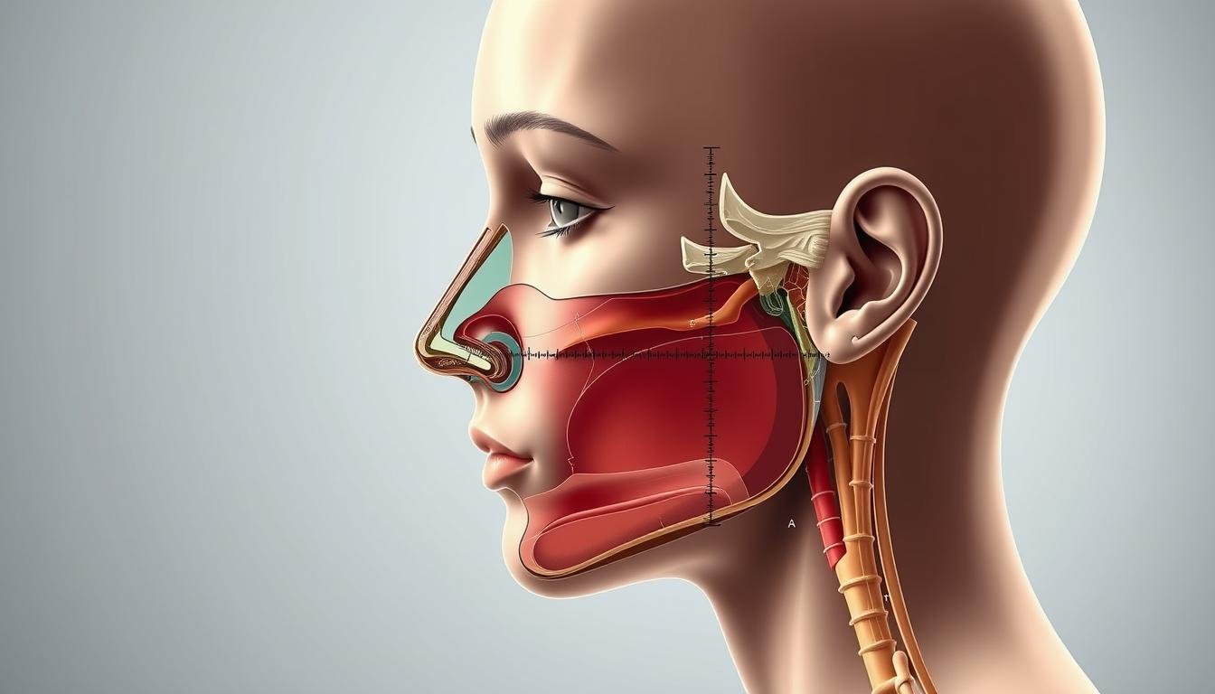 An intricate medical illustration showcasing the precise measurement and analysis of the nasal anatomy. A human head in profile view, with a detailed focus on the nose. Rendered in a clean, technical style with high-contrast lighting to highlight the key anatomical features. The nose is shown in cross-section, revealing the inner structures and measurements, conveying a sense of scientific inquiry and medical understanding. The background is a neutral, sterile environment, allowing the subject to take center stage. This image aims to provide a comprehensive visual reference for the medical definition and assessment criteria of the "Snub Nose" facial feature. An intricate medical illustration showcasing the precise measurement and analysis of the nasal anatomy. A human head in profile view, with a detailed focus on the nose. Rendered in a clean, technical style with high-contrast lighting to highlight the key anatomical features. The nose is shown in cross-section, revealing the inner structures and measurements, conveying a sense of scientific inquiry and medical understanding. The background is a neutral, sterile environment, allowing the subject to take center stage. This image aims to provide a comprehensive visual reference for the medical definition and assessment criteria of the "Snub Nose" facial feature.