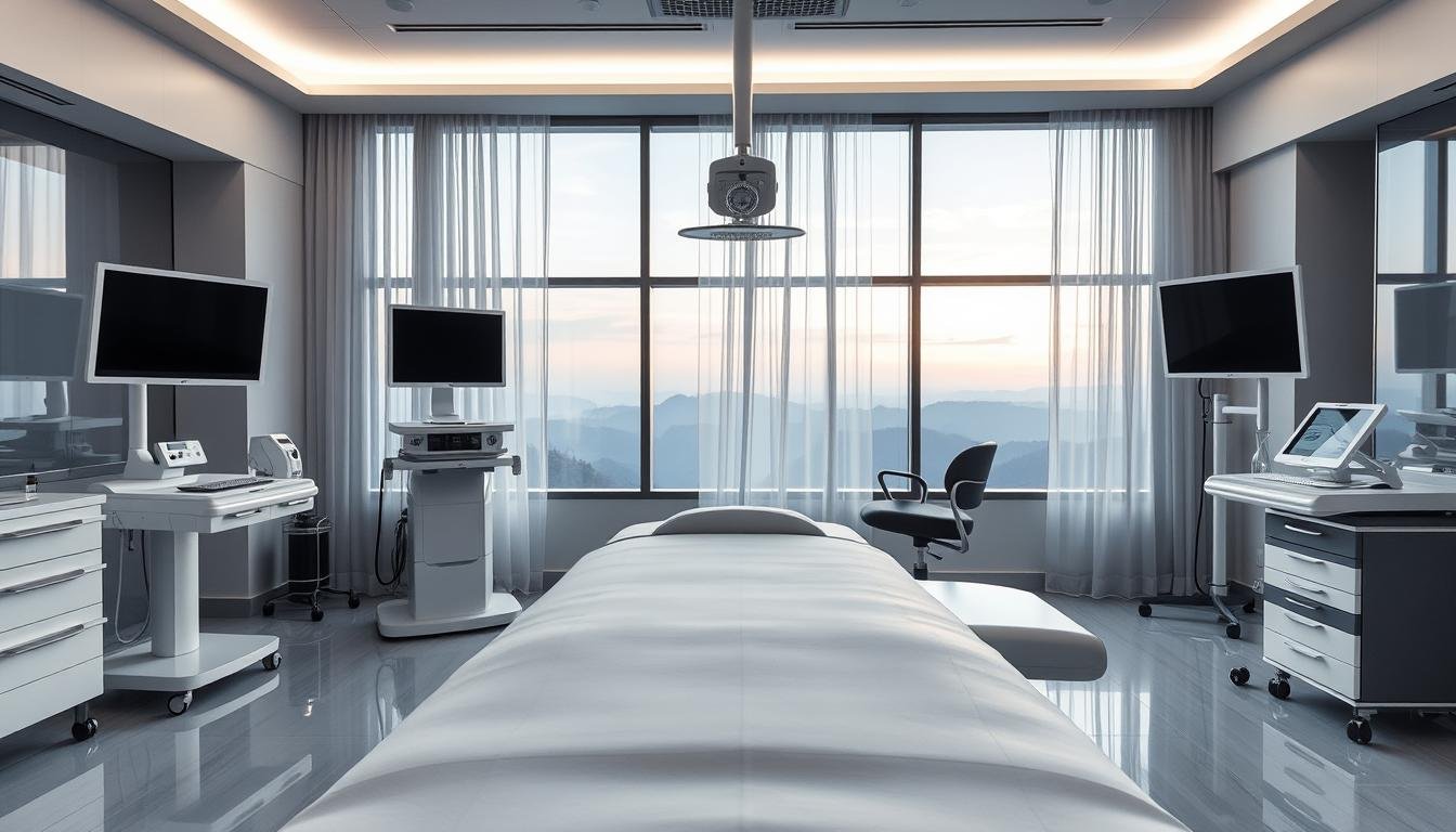 An office interior with a modern medical aesthetic. In the foreground, a sleek, minimalist treatment table with crisp white sheets and stainless steel accents. Behind it, a row of advanced medical equipment, monitors, and high-tech lighting fixtures. The middle ground features a large panoramic window, letting in soft, natural light that filters through gossamer curtains. In the background, a serene landscape of rolling hills and a tranquil sky, creating a calming, spa-like atmosphere. The overall mood is one of advanced, high-quality aesthetic medical care in a serene, professional environment.