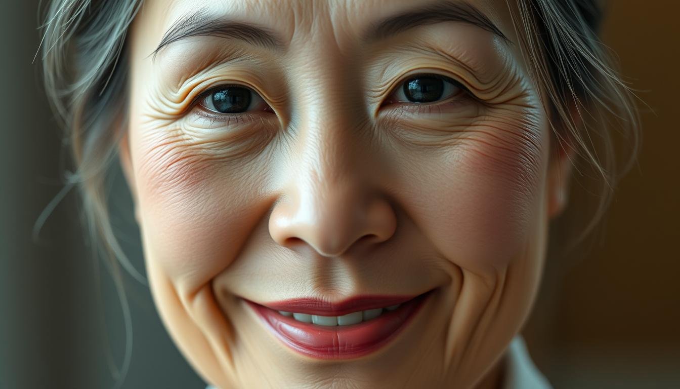 Detailed closeup portrait of a prosperous and affluent middle-aged Asian woman with an expression of serenity and contentment. Soft and even lighting illuminates her graceful features, accentuating the symmetry of her face. Wisps of her neatly styled hair frame her delicate, youthful skin. The woman's eyes convey an aura of wisdom and inner peace, while her subtly upturned lips suggest a sense of gentle satisfaction. The image has a serene, tranquil atmosphere, evoking a feeling of harmony and prosperity.