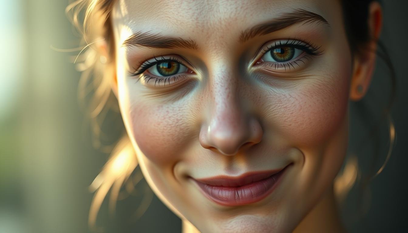 Detailed portrait of a serene, kind-faced individual with delicate facial features. Soft, natural lighting illuminates their face, highlighting the gentle curves of their brows, the warmth in their eyes, and the subtle smile on their lips. The focus is on the central face, with a slightly blurred, atmospheric background to create a sense of calm and tranquility. The overall composition and lighting convey a sense of introspection and inner peace, reflecting the subject's benevolent nature. Rendered in a realistic, photographic style with attention to anatomical accuracy and lifelike textures.