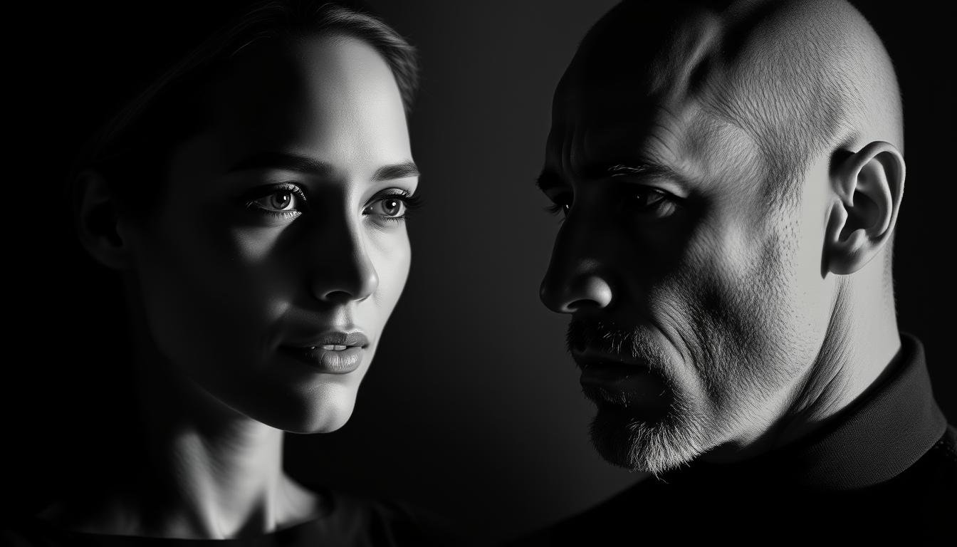 Dramatic contrasting lighting illuminates a pair of faces in striking profile. The left face is aglow with a serene, prosperous radiance - deep, soulful eyes, refined features, a tranquil yet confident expression. The right face is shadowed in somber, unsettled tones - sunken eyes, pronounced brow and jawline, a troubled, haunted look. Crisp high-contrast black-and-white tones heighten the sense of opposing energies, wealth and want. Cinematic lighting casts deep dramatic shadows, creating a sense of depth and drama. The dual portraits are set against a simple, minimalist background, allowing the faces to command the frame and the viewer's attention. Dramatic contrasting lighting illuminates a pair of faces in striking profile. The left face is aglow with a serene, prosperous radiance - deep, soulful eyes, refined features, a tranquil yet confident expression. The right face is shadowed in somber, unsettled tones - sunken eyes, pronounced brow and jawline, a troubled, haunted look. Crisp high-contrast black-and-white tones heighten the sense of opposing energies, wealth and want. Cinematic lighting casts deep dramatic shadows, creating a sense of depth and drama. The dual portraits are set against a simple, minimalist background, allowing the faces to command the frame and the viewer's attention.