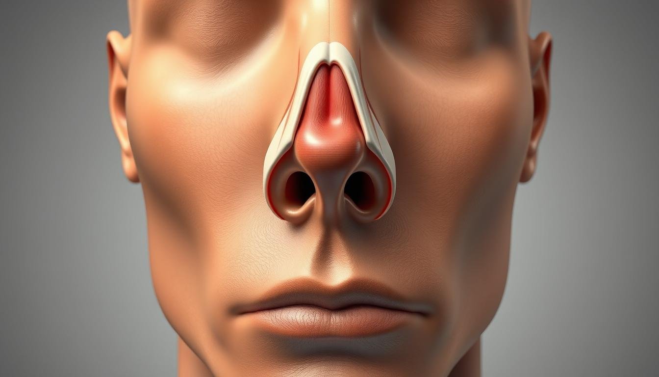 Highly detailed anatomical illustration of the nasal structure, showcasing the key features and proportions. Crisp, photorealistic rendering with precise depiction of the nasal bone, cartilage, and skin layers. Illuminated by soft, even lighting to accentuate the three-dimensional form. Captured from a frontal view, slightly elevated angle to provide clear visibility of the nasal triangle and profile. Neutral background allows the subject to be the sole focus, with no distractions. Conveys a sense of scientific examination and understanding of the intricate facial anatomy.
