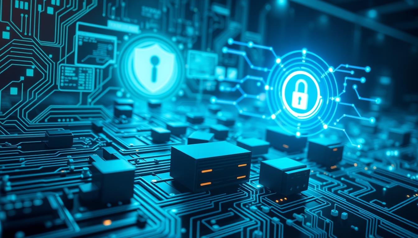 Intricate data security protection mechanism, encapsulating a secure digital fortress. In the foreground, a graphical representation of encrypted data flows, protected by an array of firewalls and access controls. The middle ground showcases interconnected servers and storage systems, shielded by multi-layered authentication protocols. In the background, a striking holographic display projects real-time analytics, monitoring threat indicators and adaptive defense strategies. The lighting is a subtle blend of cool blues and greens, conveying a sense of technological sophistication and robust cybersecurity. The overall composition evokes a harmonious balance between advanced functionality and impenetrable safeguards, designed to safeguard sensitive information with unwavering diligence.