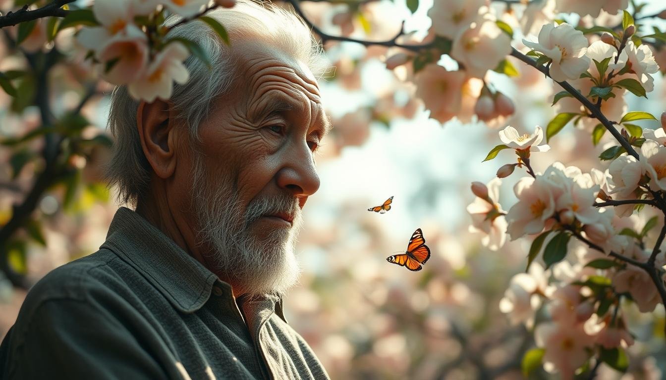 Peach blossoms bloom in a serene garden, casting a gentle glow on a weathered elder lost in contemplation. Sunlight filters through the canopy, illuminating the tranquil scene. The elder's kind, weathered face radiates wisdom and experience, a lifetime of stories etched upon their features. Butterflies flutter amidst the delicate petals, symbolizing the fleeting nature of life. The composition is balanced, with the elder's pensive pose anchoring the frame. The overall mood is one of peaceful introspection, reflecting the duality of the twilight years - a time of both spiritual richness and physical decline. Soft, diffused lighting lends an ethereal, dreamlike quality to the image.