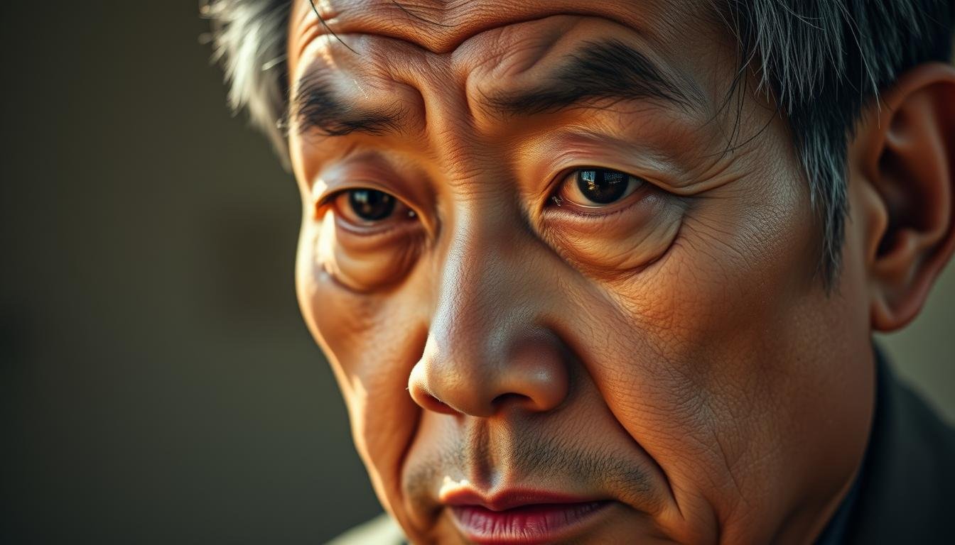 Prompt A close-up portrait of a pensive, middle-aged Asian man's face, conveying a sense of inner conflict and contemplation. Soft, warm lighting illuminates his weathered features, casting subtle shadows that accentuate his intense, introspective gaze. The background is blurred, allowing the viewer to focus solely on the man's expressive, emotive countenance, which reflects a complex mix of emotions - a subtle combination of concern, calculation, and a yearning for understanding. The image should evoke a sense of psychological depth and the weight of personal decisions, conveying the essence of the Chinese idiom "人心" (the human heart/mind). Prompt A close-up portrait of a pensive, middle-aged Asian man's face, conveying a sense of inner conflict and contemplation. Soft, warm lighting illuminates his weathered features, casting subtle shadows that accentuate his intense, introspective gaze. The background is blurred, allowing the viewer to focus solely on the man's expressive, emotive countenance, which reflects a complex mix of emotions - a subtle combination of concern, calculation, and a yearning for understanding. The image should evoke a sense of psychological depth and the weight of personal decisions, conveying the essence of the Chinese idiom "人心" (the human heart/mind).