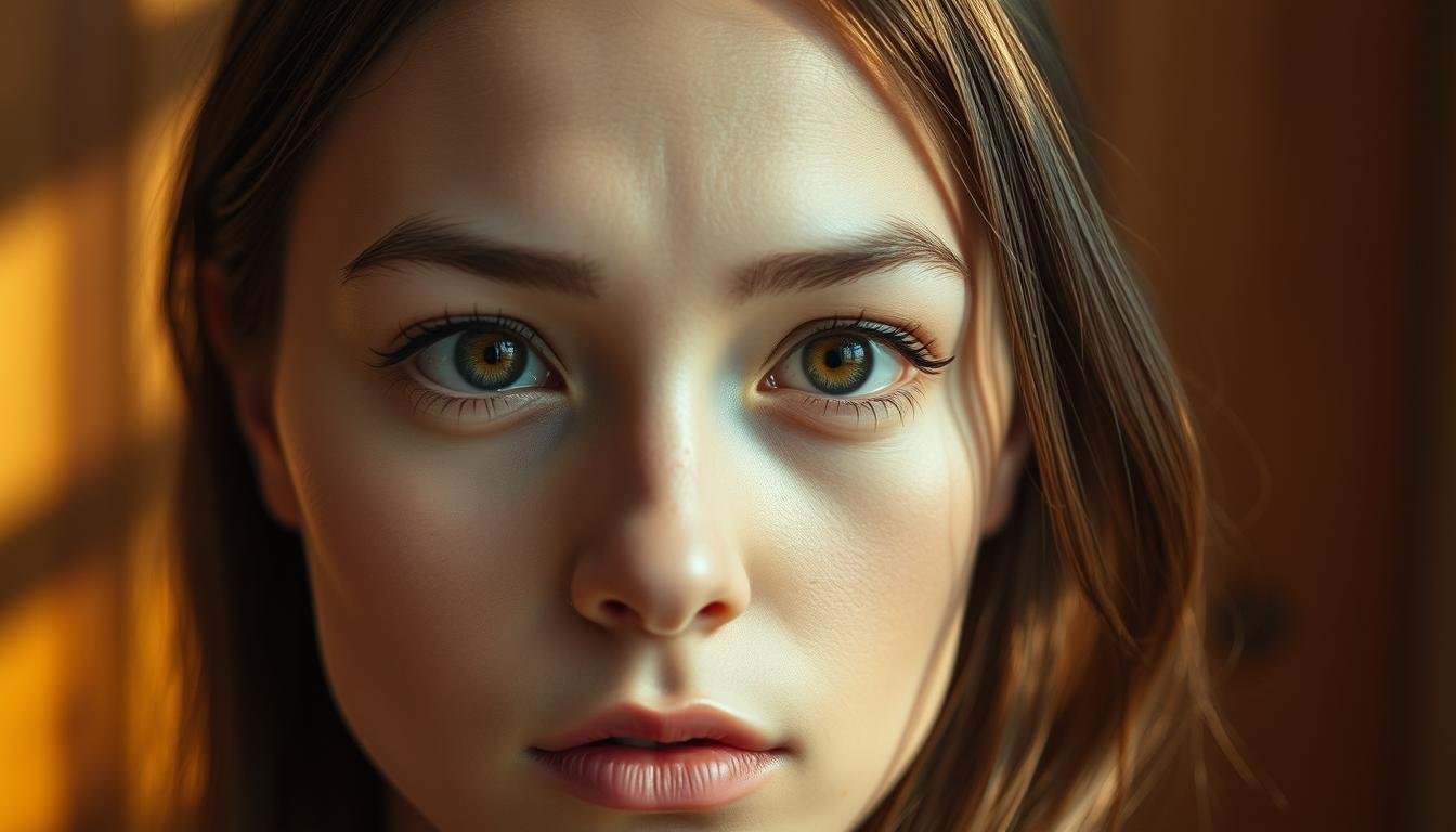 a detailed portrait of a person with almond-shaped eyes, high cheekbones, and an expressive, thoughtful facial expression. the subject is bathed in warm, natural lighting, with soft shadows accentuating the contours of their face. the background is slightly blurred, placing the focus on the subject's introspective gaze and delicate features. the overall mood is one of contemplation, wisdom, and an innate understanding of the world. the image conveys the depth of personality and intuitive nature often associated with individuals with almond-shaped "peach blossom" eyes.